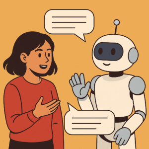 A flat-style digital illustration showing a young woman chatting with a friendly robot, representing how to use AI better through collaboration and conversation rather than commands.