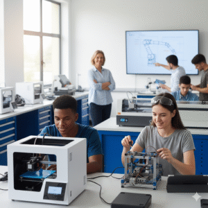 TVET education Malaysia students engaged in hands-on learning with supportive staff in a modern workshop environment