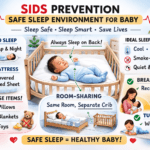 SIDS prevention safe sleep environment for baby with back sleeping position, firm mattress, separate crib, no loose bedding, and room-sharing recommendation.