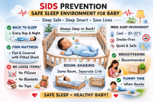 SIDS prevention safe sleep environment for baby with back sleeping position, firm mattress, separate crib, no loose bedding, and room-sharing recommendation.