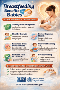 Breastfeeding benefits for babies physical and mental development showing a mother breastfeeding her baby, highlighting stronger immunity, healthy growth, brain development, improved learning ability, and reduced risk of diseases.