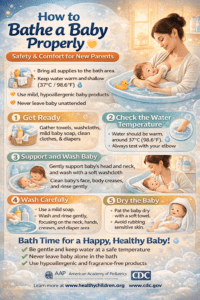 How to bathe a baby properly step-by-step infographic showing a mother bathing her newborn safely, including tips on water temperature, supporting the head and neck, using mild baby products, washing creases, drying, and dressing.
